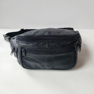 Vintage 90's Sony Black Leather Fanny Pack Adjustable Waist Strap Y2K Streetwear